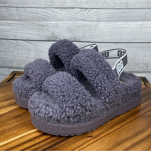 UGG Oh Fluffita Platform Genuine Shearling Slingback Slipper Sandal Shade Purple - Picture 2 of 12